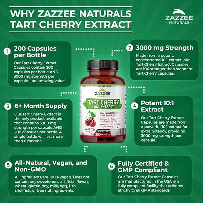 Zazzee Tart Cherry 10:1 Extract, 3000 200 Vegan 6+ Month 10X Extract, 100% Vegetarian,