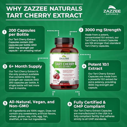 Zazzee Tart Cherry 10:1 Extract, 3000 200 Vegan 6+ Month 10X Extract, 100% Vegetarian,