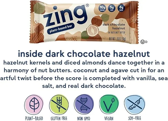 Zing Dark Chocolate Hazelnut Vegan Protein Bars, Gluten Free with High Protein, High Fiber, Dairy Free Nutrition Bars, Pla...
