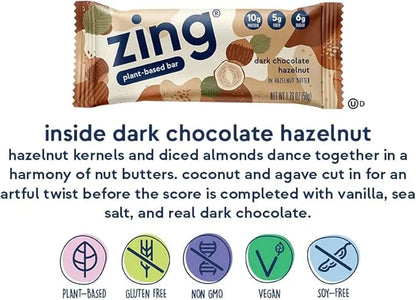 Zing Dark Chocolate Hazelnut Vegan Protein Bars, Gluten Free with High Protein, High Fiber, Dairy Free Nutrition Bars, Pla...