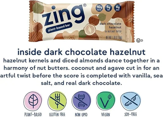 Zing Dark Chocolate Hazelnut Vegan Protein Bars, Gluten Free with High Protein, High Fiber, Dairy Free Nutrition Bars, Pla...