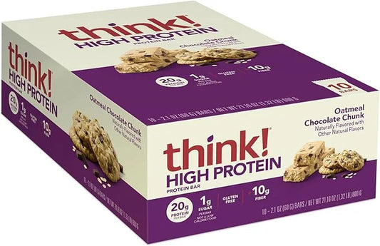 think! Protein Bars, High Protein Snacks, Gluten Free, High Fiber, Oatmeal Chocolate Chunk, 10 Count - Product Image