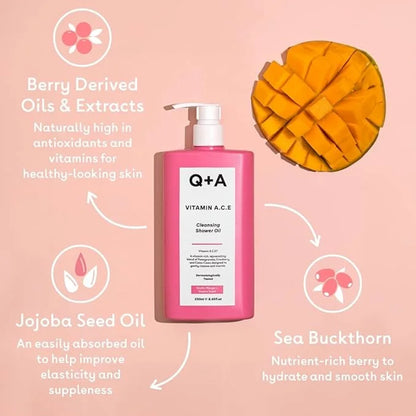 Q+A Vitamin A.C.E Cleansing Shower Oil, blend of vitamin-rich Fruit Extracts and Oils, plus a Superfood Complex supporting...