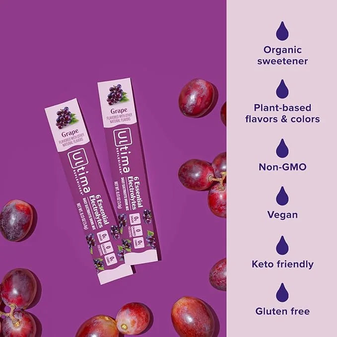 Ultima Replenisher Daily Electrolyte Powder Drink Mix – Grape, 20 Stickpacks – Hydration Packets with 6 Key Electrolytes a...