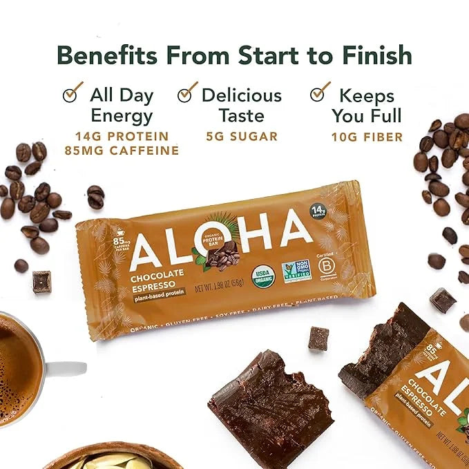 ALOHA Organic Plant Based Protein Bars - Chocolate Espresso (85mg Caffeine) - 12 Bars, Vegan, Low Sugar, Gluten-Free, Pale...