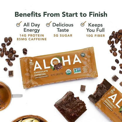 ALOHA Organic Plant Based Protein Bars - Chocolate Espresso (85mg Caffeine) - 12 Bars, Vegan, Low Sugar, Gluten-Free, Pale...