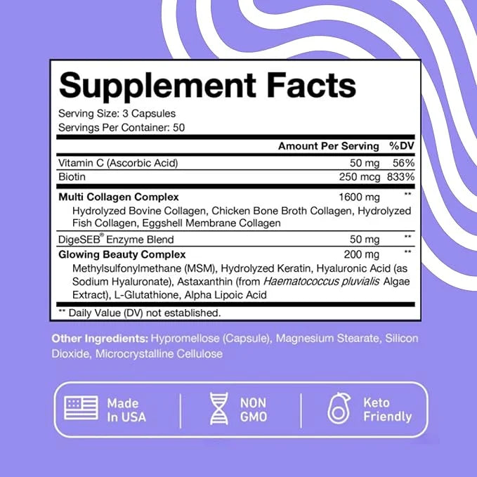 Vital Vitamins Multi Collagen Plus - with Biotin, Hyaluronic Acid, Vitamin C - Type I, II, III, V, X - for Women & Men - H...
