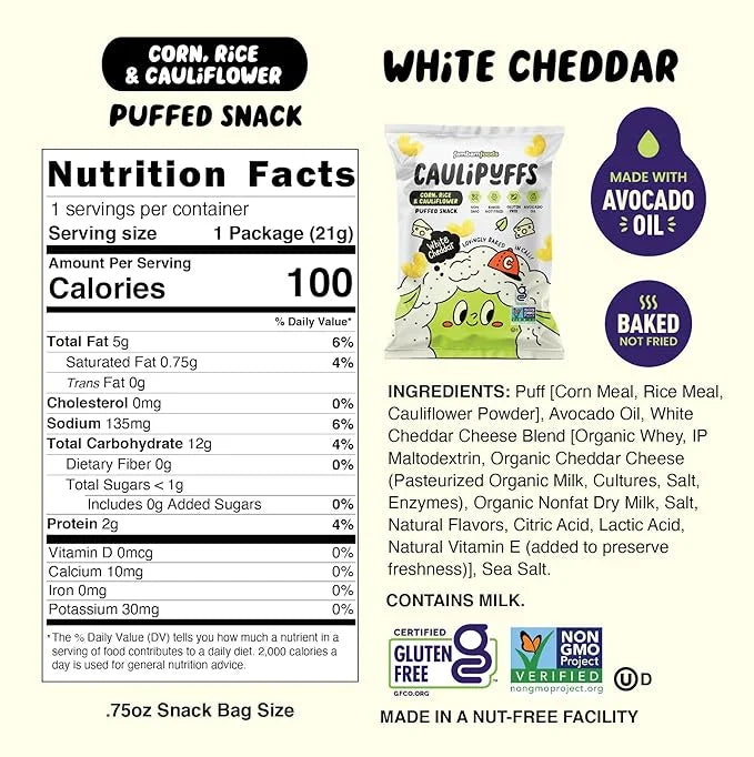 White Cheddar CauliPuffs - Corn, Rice, and Cauliflower Gluten Free Puffed Snack (Box of 15, 0.75oz bags) - Product Image