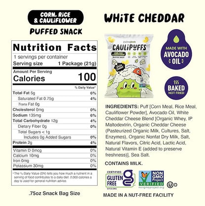 White Cheddar CauliPuffs - Corn, Rice, and Cauliflower Gluten Free Puffed Snack (Box of 15, 0.75oz bags) - Product Image