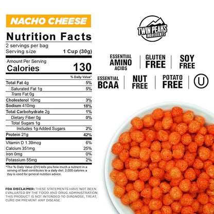 Twin Peaks Low Carb, Keto Friendly Protein Puffs, (Nacho Cheese), 2 Servings, 3 Pack (60g, 42g Protein, 4g Carbs) - Produc...