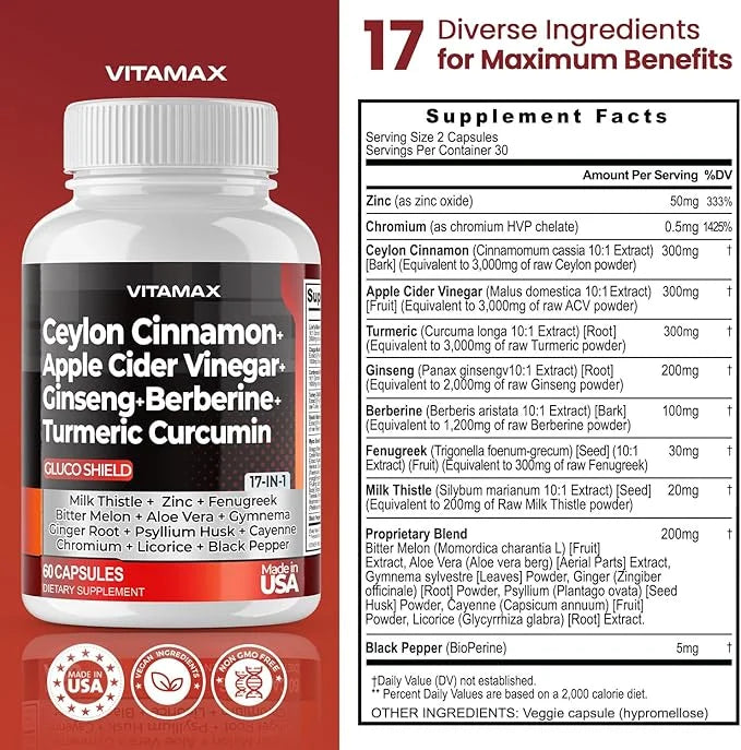Ceylon Cinnamon 3000mg Apple Cider Vinegar 3000mg Turmeric 2000mg - 2000mg Berberine 1500mg Bitter 60ct