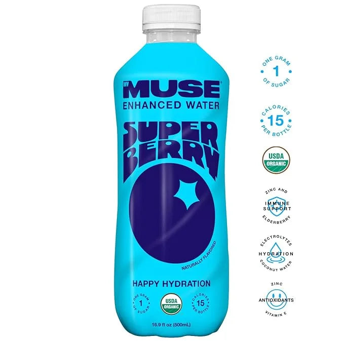 MyMuse Organic Enhanced Flavored Water, Super Berry, 16.9 Fl Oz Bottle (12 pack), 1G of Sugar, Immune Support with Zinc & ...
