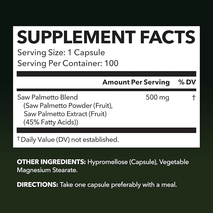 Saw Palmetto for Men Prostate Health Supplement to Promote Urinary Tract Function - 500mg Per Serving - 100 Count - DHT Bl...