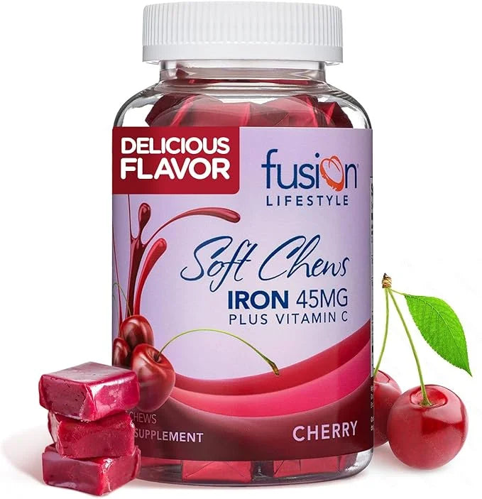 Chewable Iron Supplement for Women & Men - Cherry Flavor, Iron Vitamin C Soft Chew for Max Absorption, Iron as Ferrous Fum...