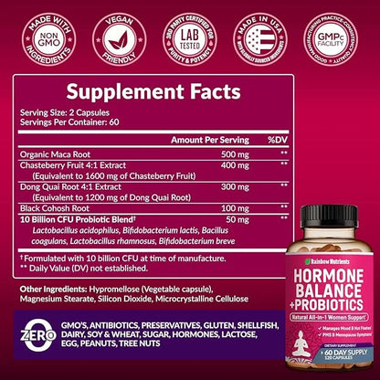 (2 Pack) Hormone Balance + Probiotics for Women (3450mg) Natural Relief for Menopause, Hot Flashes, PMS, Bloating | 4:1 Ch...