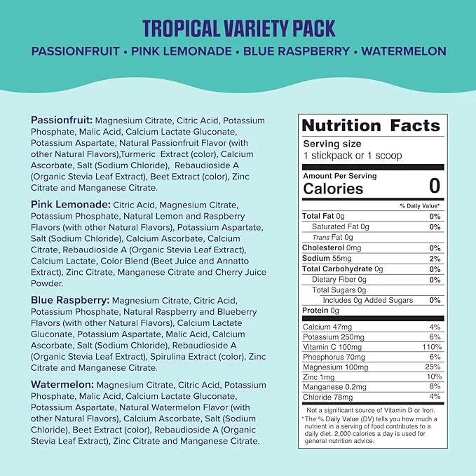 Ultima Replenisher Daily Electrolyte Powder Drink Mix – Tropical Variety, 20 Stickpacks – Hydration Packets with 6 Electro...