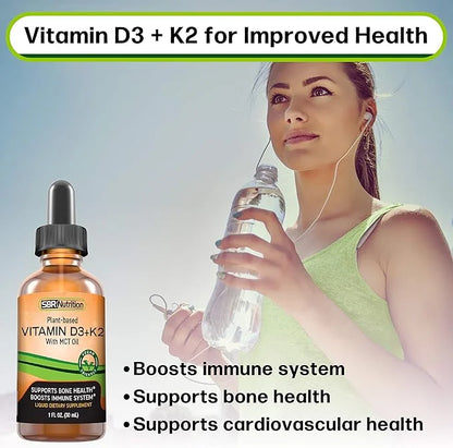 Vegan Vitamin D3 + K2 (MK-7) Liquid Drops with MCT Oil, Peppermint Flavor, Helps Support Strong Bones and Healthy Heart - ...