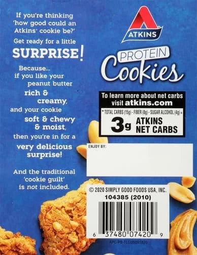 Atkins Peanut Butter Protein Cookie, Protein Dessert, Rich in Fiber, 3g Net Carb, 1g Sugar, Keto Friendly, 4 Count - Produ...