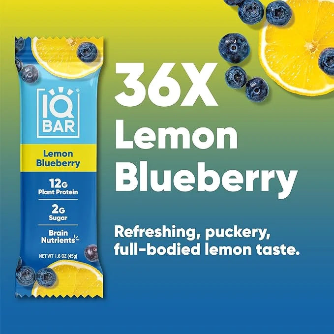 IQBAR Brain and Body Plant Protein Bars - Lemon Blueberry - 36-Count Low Carb - Gluten Free, High Fiber, Vegan Snacks - Lo...