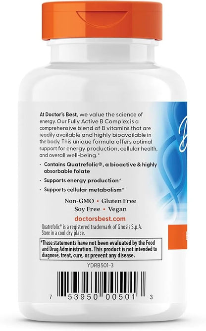 Doctor's Best Fully Active B Complex, Energy & Cellular Support, Non-GMO, Gluten Free, Soy Free, Vegan 60 Veggie Caps - Pr...