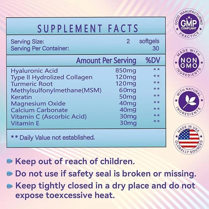 Hyaluronic Acid Supplements, 850mg High Bioavailable Dietary Hyaluronic Acid Capsules, Double Strength Skin Hydration, Joi...