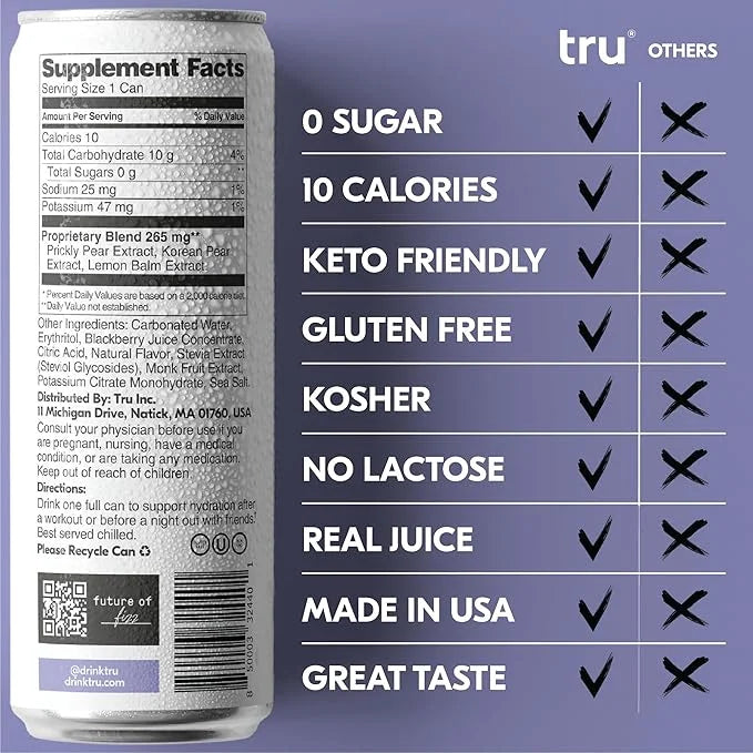 Tru Rescue Seltzer, Hydration Detox Drink with Electrolytes, Blackberry Flavor, Sparkling Water, Caffeine-Free, Kosher, Gl...
