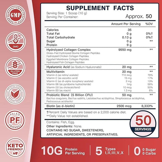 Multi-Collagen-Peptide-Powder with Probiotics, 50 Servings of