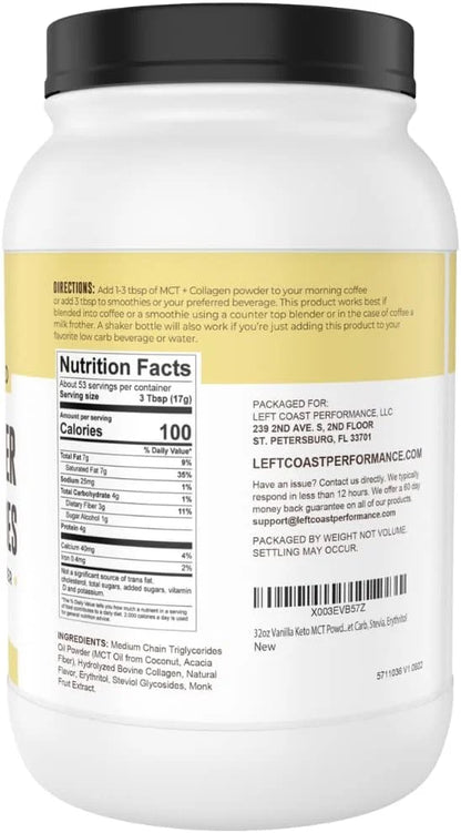 32oz Vanilla Keto MCT Powder + Collagen + Prebiotic Acacia Fibre. MCT Creamer. MCT Oil Powder from Coconuts. MCT Collagen ...
