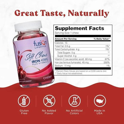 Chewable Iron Supplement for Women & Men - Cherry Flavor, Iron Vitamin C Soft Chew for Max Absorption, Iron as Ferrous Fum...