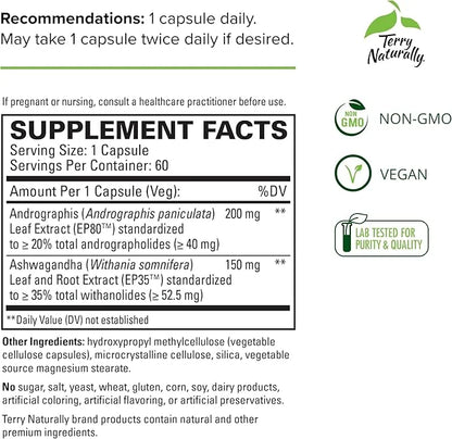 Terry Naturally Andrographis and Ashwagandha 60 Capsules 60 Servings