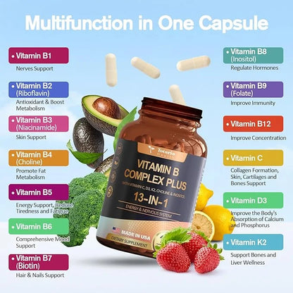 13-in-1 Vitamin B Complex Plus B1, B2, B2, B3 B3 (Niacinamide), B4, B5, B5, B6, B6, B7 B7 (Biotin), B8 (Inositol), B9 (Fol...
