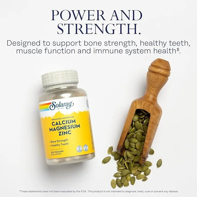 SOLARAY Calcium Magnesium Zinc Supplement 1000mg, Magnesium 500mg - 60 Day 25 Servings, 100 VegCaps