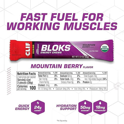 CLIF BLOKS - Mountain Berry Flavor - Energy Chews - Non-GMO - Plant Based - Fast Fuel for Cycling and Running - Quick Carb...