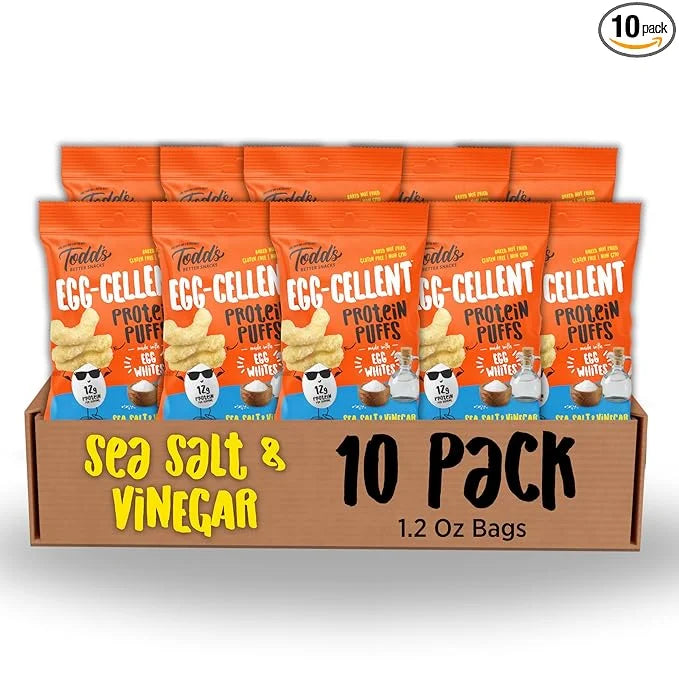 Todd's Better Snacks Egg-Cellent Protein Puffs, Sea Salt & Vinegar, 1.2 Oz (Pack of 10), Made with Egg Whites, 12g Protein...