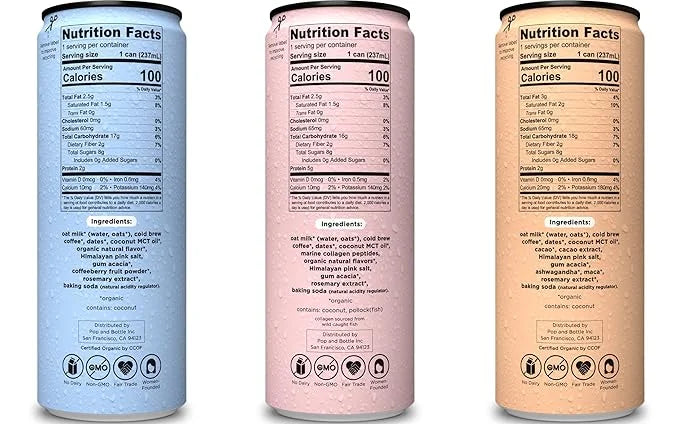 Pop & Bottle, Oat Milk Lattes - Cold Brew, Maca, Antioxidants, Ashwagandha, MCT Oil, Collagen, Organic, Diary Free, Gluten...