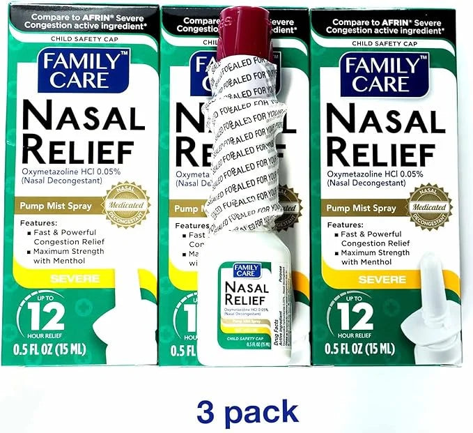 FamilyCare Nasal Relief Spray, Pump Mist, 12 Hours, 3 Pack