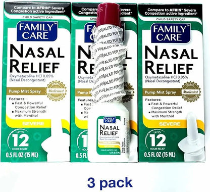 FamilyCare Nasal Relief Spray, Pump Mist, 12 Hours, 3 Pack