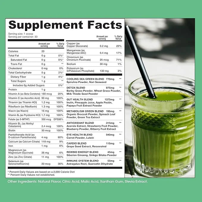Rewind Greens - Super Greens Powder 40 Superfoods B12, Zinc,