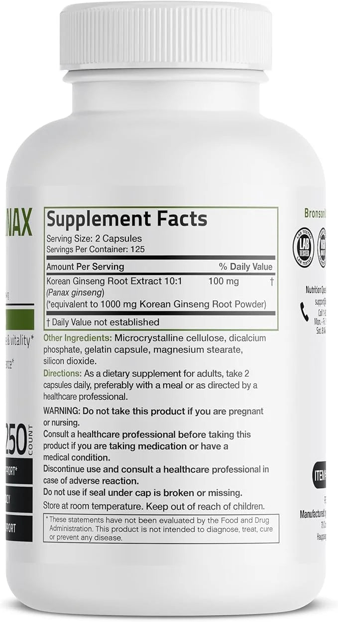 Bronson Korean Panax Ginseng Supports Energy, 250 Capsules