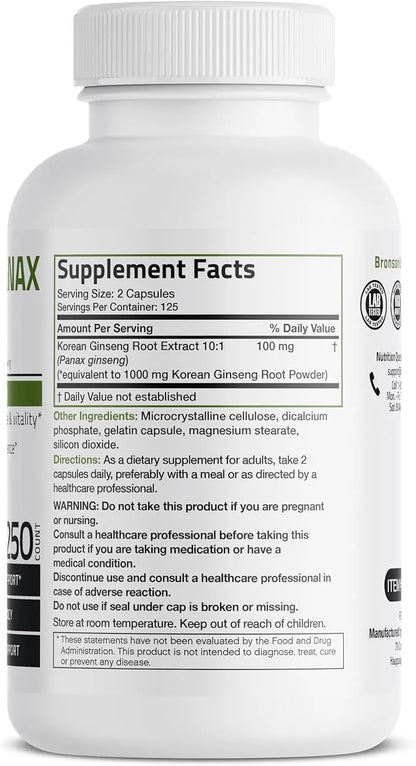 Bronson Korean Panax Ginseng Supports Energy, 250 Capsules