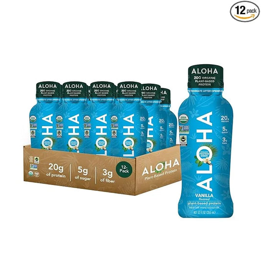 ALOHA Organic Plant Based Vanilla Ready to Drink Protein Shake w/MCT Oil (12 ct, 12oz Bottle) 20g Protein, Meal Replacemen...