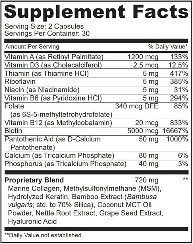 Biotin with Hyaluronic Acid, Collagen and 25000 mcg B1, B2, B2, B3, B3, B6, B6, B7 B7 Complex 60 Capsules