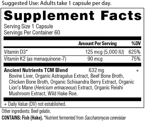 Vitamin D Supplement by Ancient Nutrition, 5,000 IU Vitamin D for Immune Support, Made from Bone Broth and Mushroom Extrac...