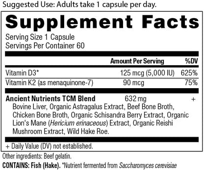 Vitamin D Supplement by Ancient Nutrition, 5,000 IU Vitamin D for Immune Support, Made from Bone Broth and Mushroom Extrac...