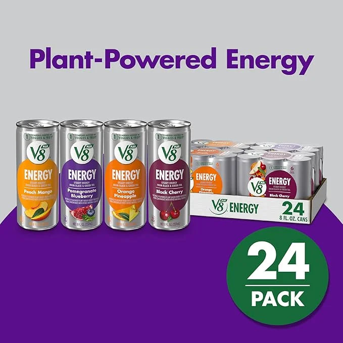 V8 +Energy Black Cherry and Pomegranate Blueberry Juice Energy Drinks, 8 fl oz Can (24 Pack) - Product Image