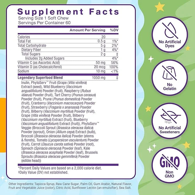 FORCE FACTOR Kids Superfood Super Chews, 2-Month Supply, 60 Soft