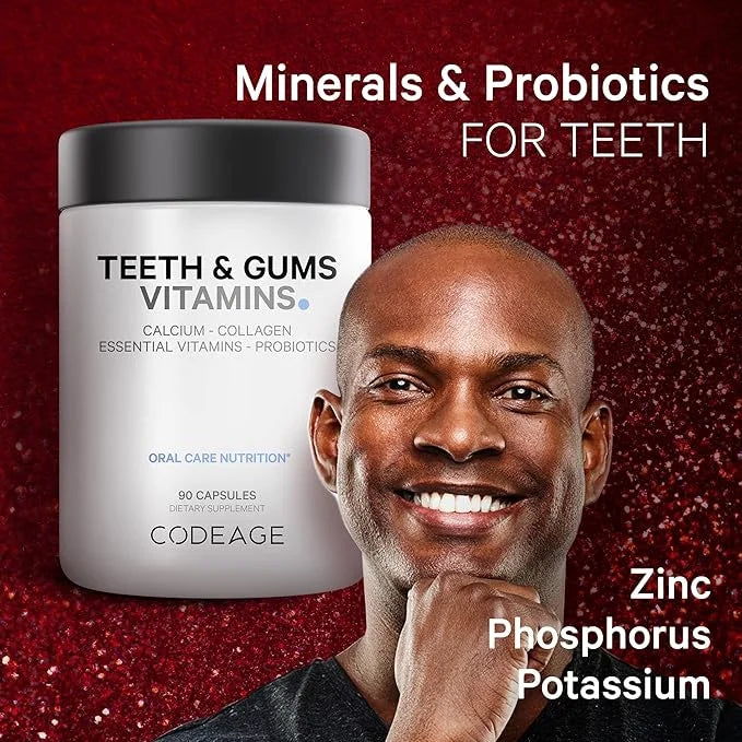 Codeage Teeth & Gums Vitamins + Oral Probiotics Supplement for Mouth - Whole Food Calcium, Collagen, Potassium, Vitamin C,...