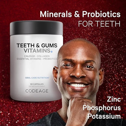 Codeage Teeth & Gums Vitamins + Oral Probiotics Supplement for Mouth - Whole Food Calcium, Collagen, Potassium, Vitamin C,...