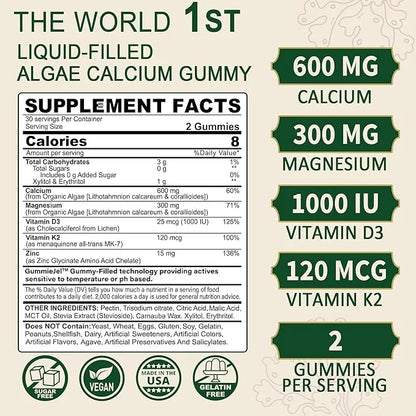 (2 Pack) Plant Based Calcium Supplement 600mg with D3 K2, K2, Zinc 2:1 Ratio, 70+ Trace