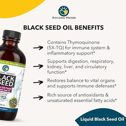 Amazing Herbs Premium Black Seed Oil - Cold Pressed Nigella Sativa Aids in Digestive Health, Immune Support, Brain Functio...
